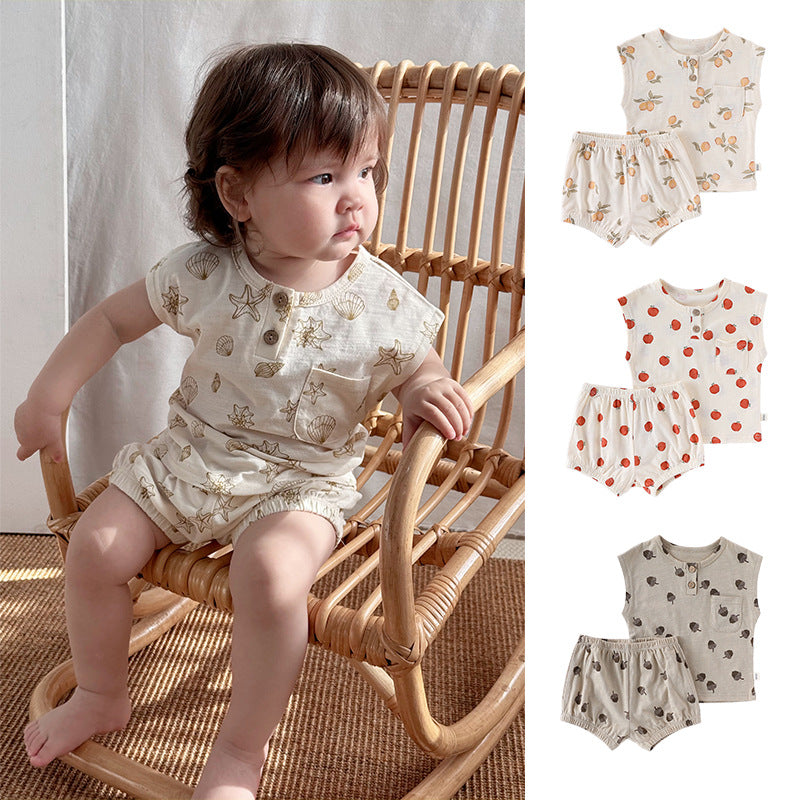 Summer Arrival Baby Unisex Sleeveless Fruits Pattern Top Vest and Shorts Clothing Sets-0