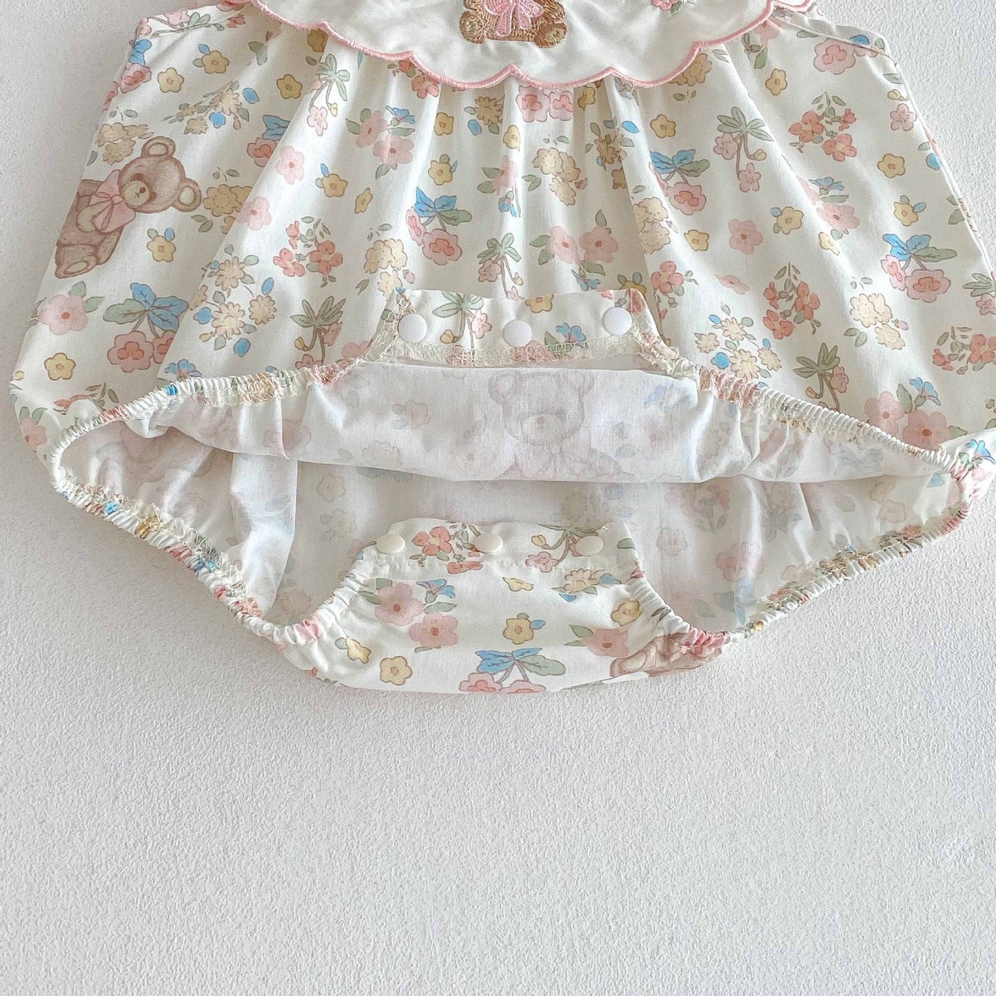 Summer Arrival Baby Girls Cute Teddy and Flowers Pattern Sleeveless Onesies-4