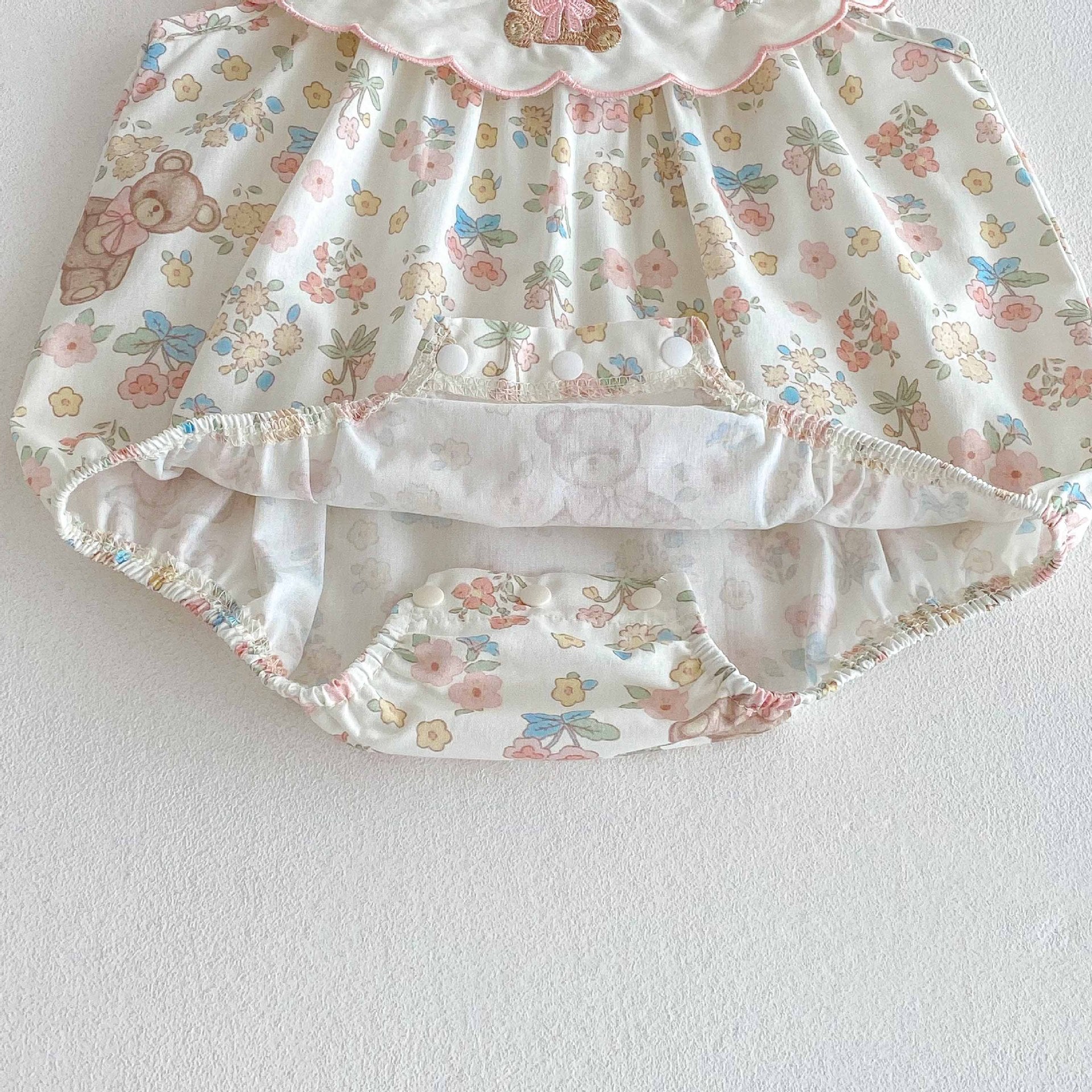 Summer Arrival Baby Girls Cute Teddy and Flowers Pattern Sleeveless Onesies-4