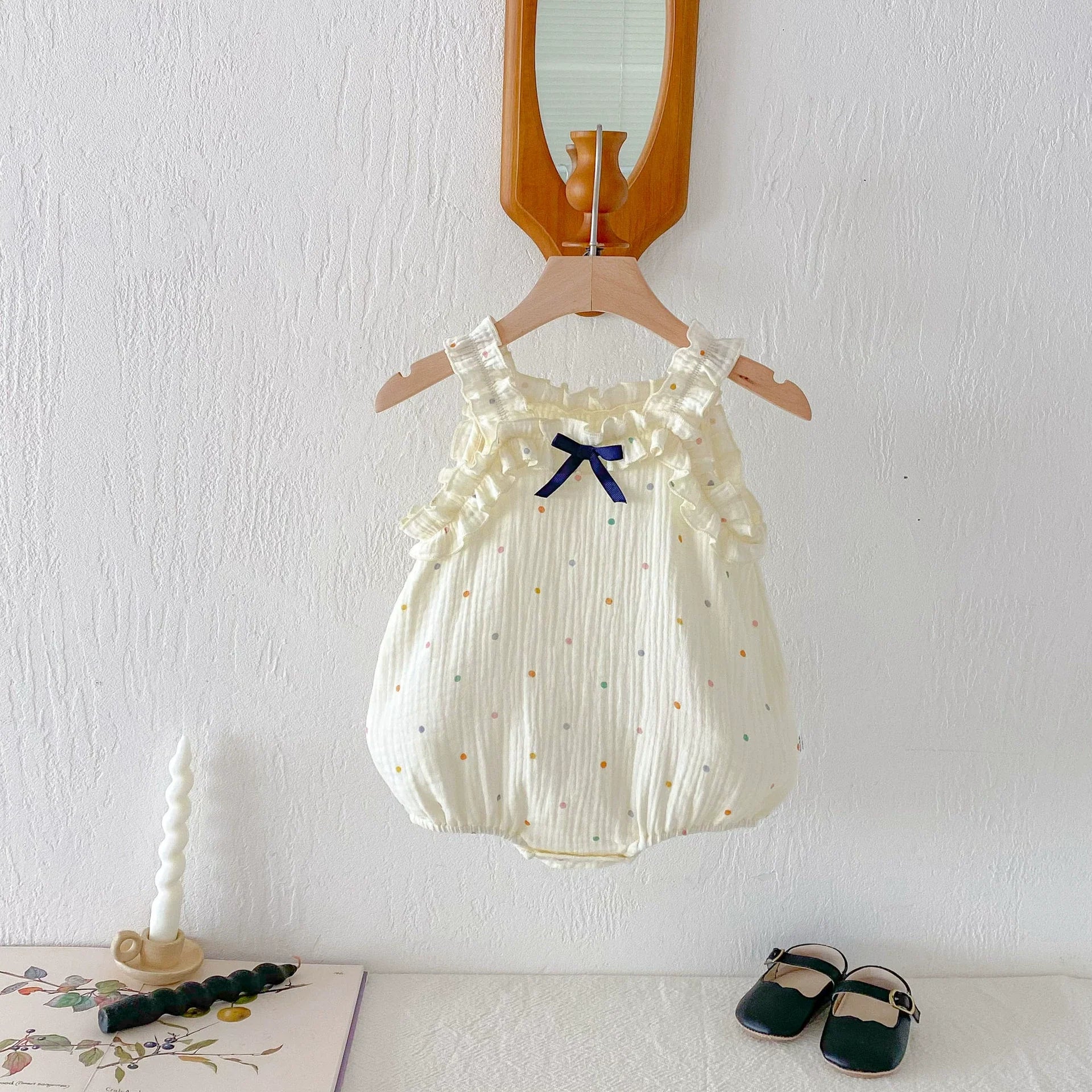 Summer Arrival Baby Girls Sleeveless Butterfly-bow Decorated Onesies with Colorful Dots Pattern-4