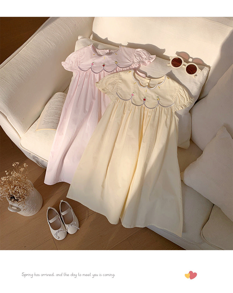 Summer Baby Kids Girls French Short Sleeves Floral Pattern Embroidered Dress-4