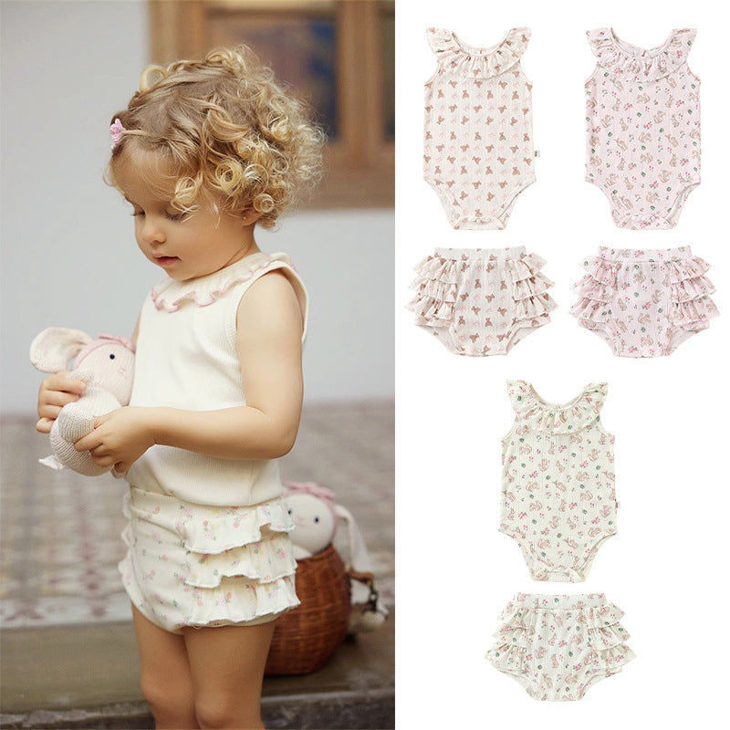 Summer Arrival Baby Girls Sleeveless Animals and Flowers Pattern Onesies, Bloomers-0