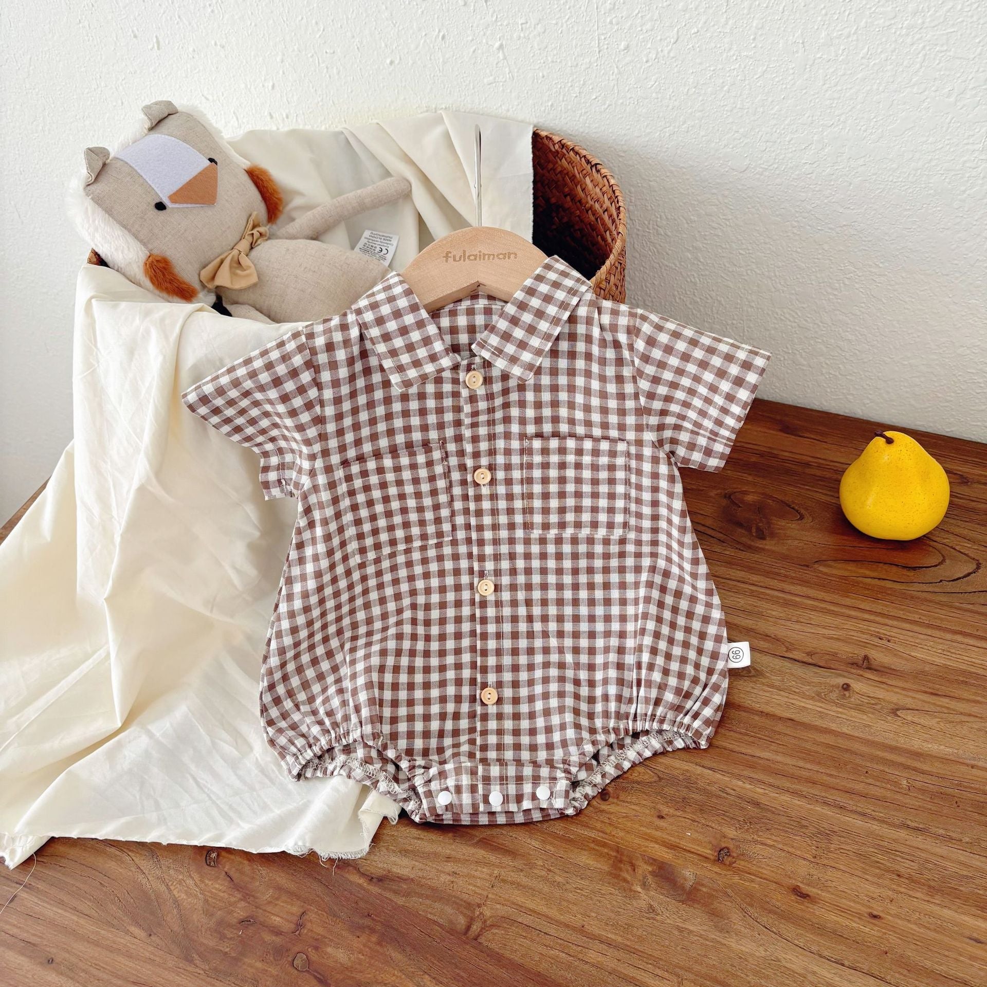 Summer Arrival Baby Boys Casual Plaid Turn-down Collar Short Sleeves Onesies-0