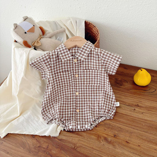Summer Arrival Baby Boys Casual Plaid Turn-down Collar Short Sleeves Onesies-0