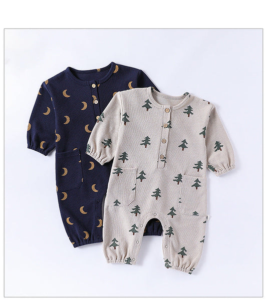 Spring Arrival Baby Unisex Long Sleeves Waffle Grid and Simple Pattern Rompers-0