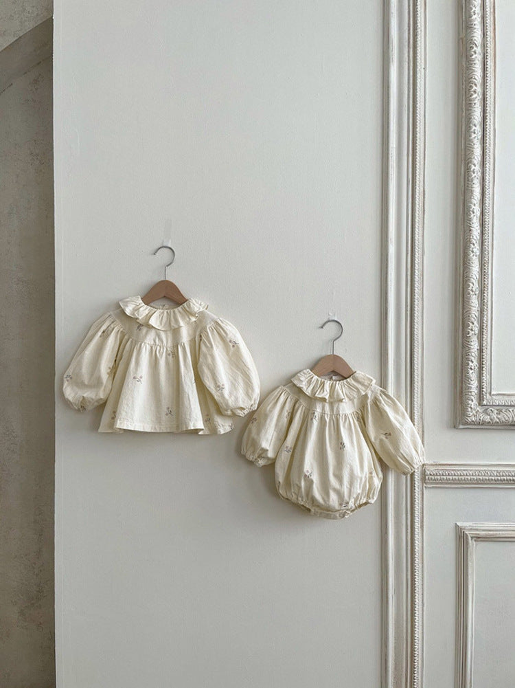 Baby Flower Embroidered Pattern Ruffle Lapel Design Quality Onesies & Shirt-0