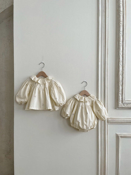 Baby Flower Embroidered Pattern Ruffle Lapel Design Quality Onesies & Shirt-0