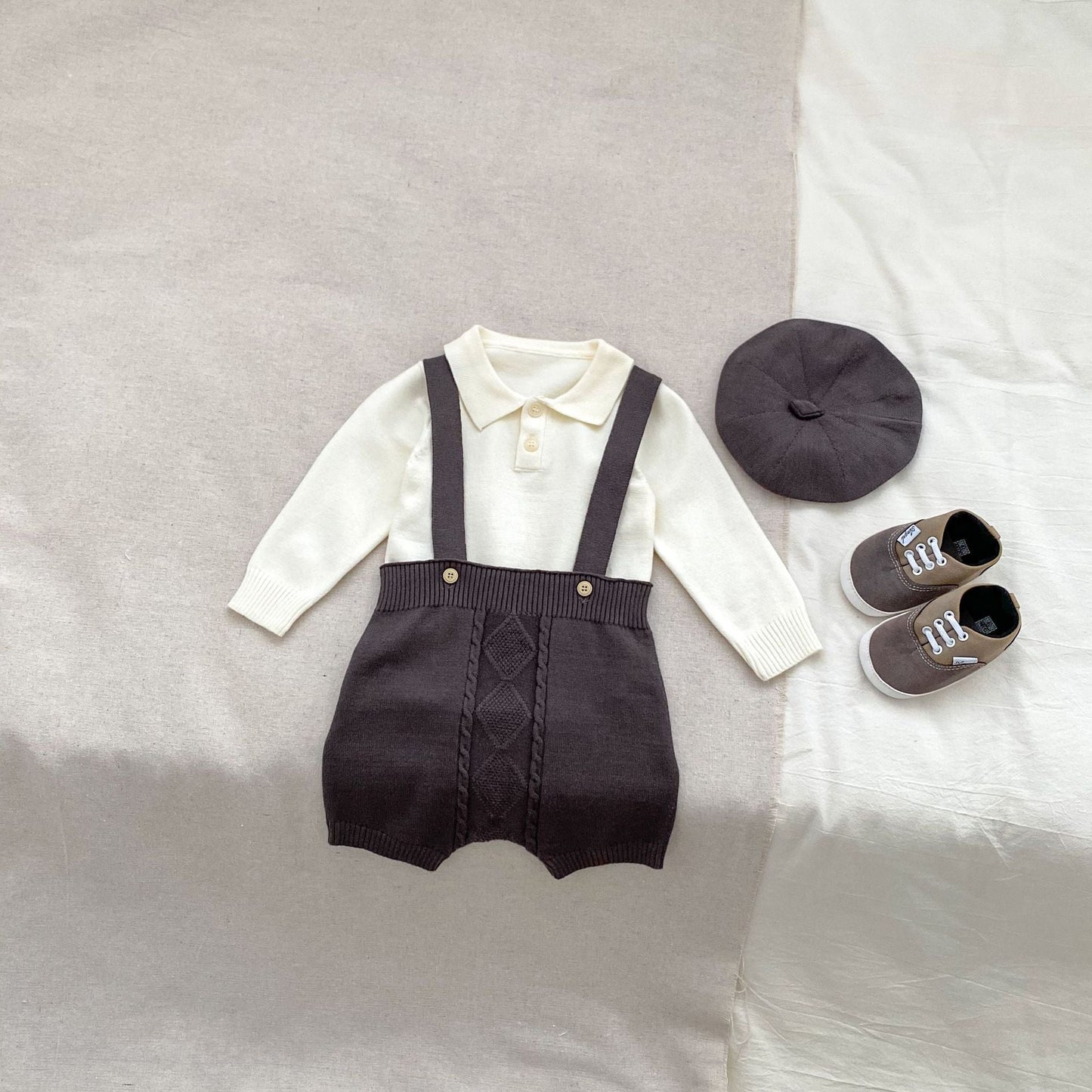 Autumn Baby Boys Long Sleeves Simple Knitted Top, Overalls and Hat Clothing Set-4