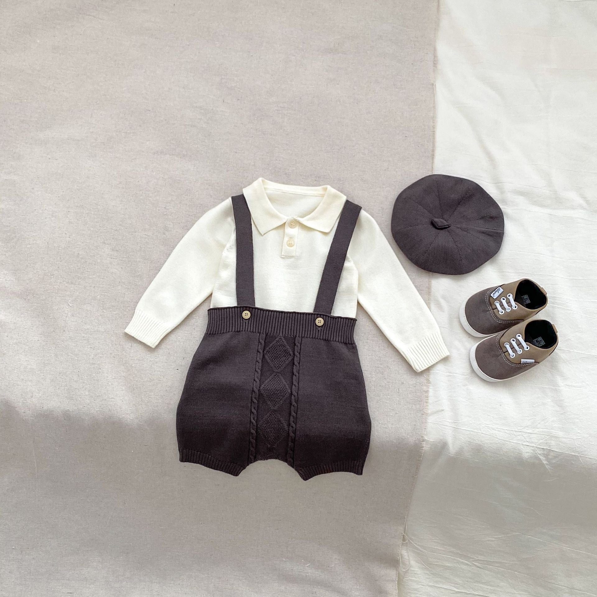 Autumn Baby Boys Long Sleeves Simple Knitted Top, Overalls and Hat Clothing Set-4