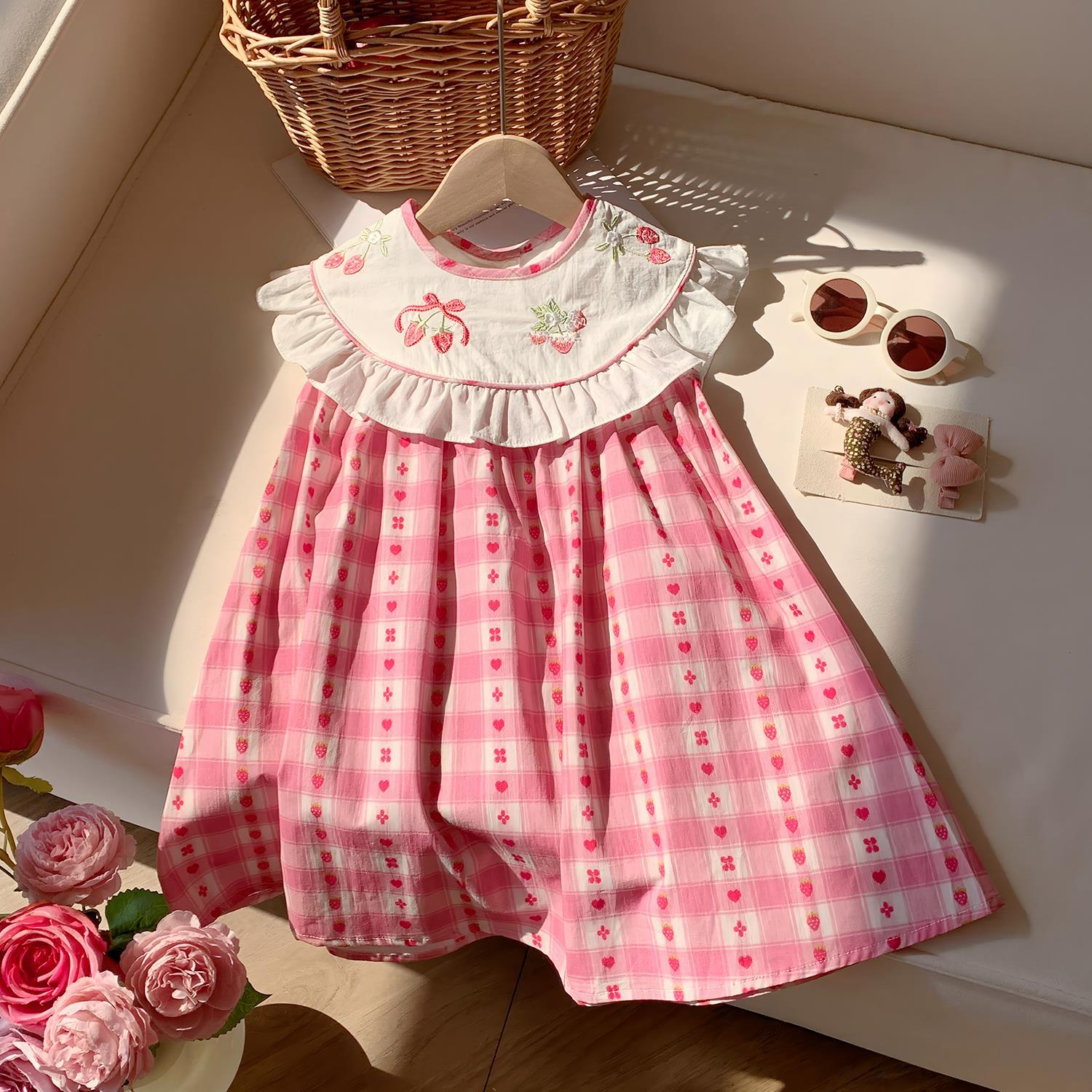Summer Baby Kids Girls Cute Sleeveless Fruits Pattern Embroidered Plaid Dress-0
