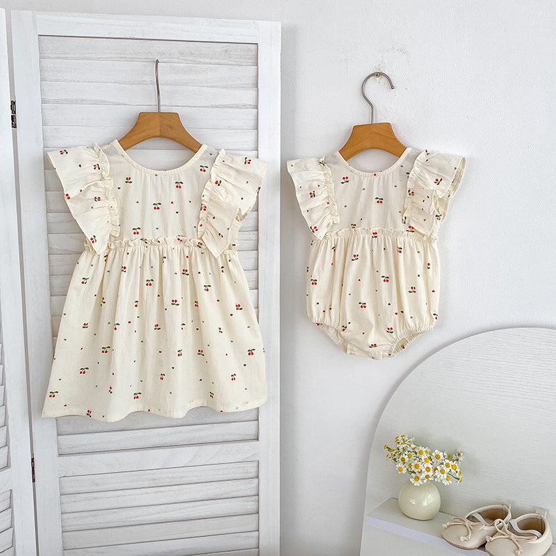 Summer Girls Simple Cherry Pattern Fly Sleeves Onesies and Girls’ Dress – Princess Sister Matching-0