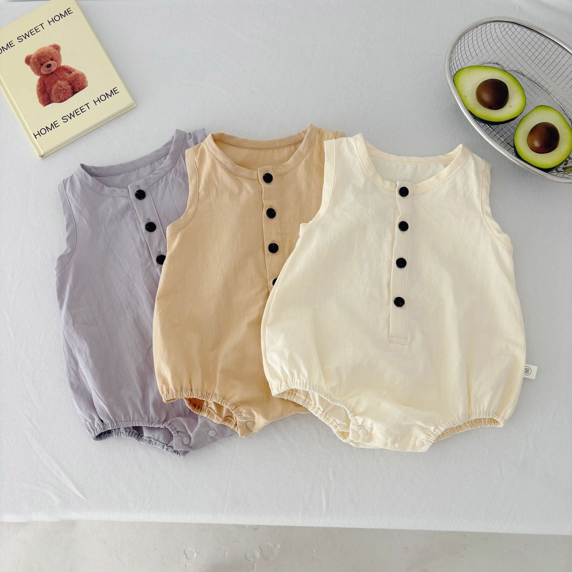 Summer Arrival Baby Unisex Simple Plain Sleeveless Open-front Thin Onesies-0