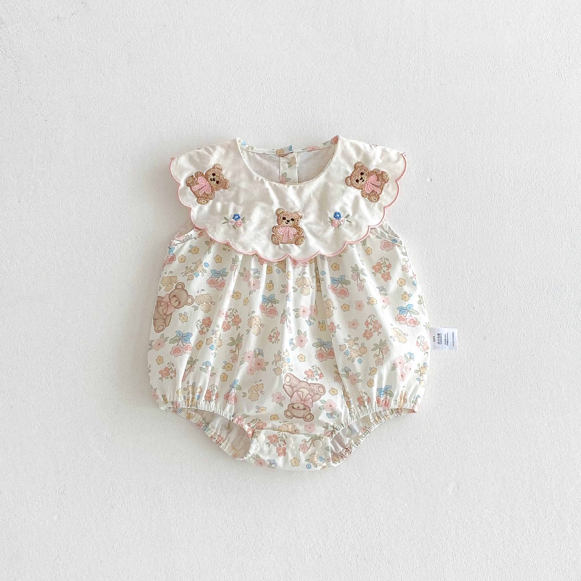 Summer Arrival Baby Girls Cute Teddy and Flowers Pattern Sleeveless Onesies-0