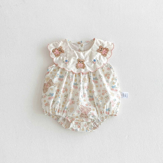 Summer Arrival Baby Girls Cute Teddy and Flowers Pattern Sleeveless Onesies-0