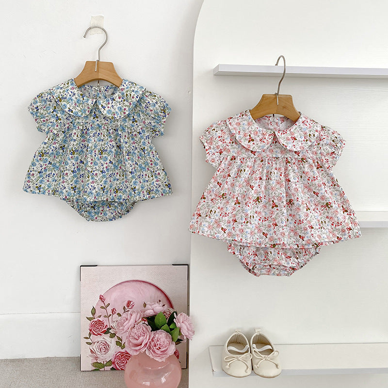 Summer Arrival Baby Girls Short Sleeves Floral Top Dress and Bloomers Clothing Sets-0