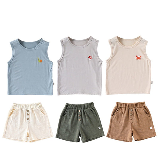 Summer Arrival Baby Unisex Sleeveless Cartoon Logo Top Vest and Shorts Clothing Sets-0