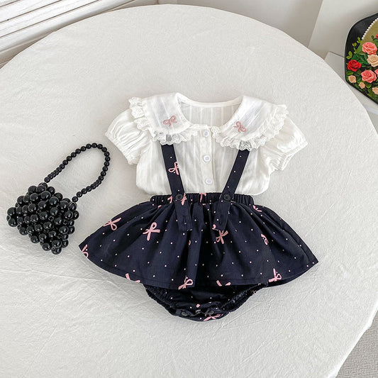 Summer Hot Selling Baby Kids Girls Sleeveless Dots Pattern Strap Onesies Overalls and Beige T-Shirt Clothing Set-0